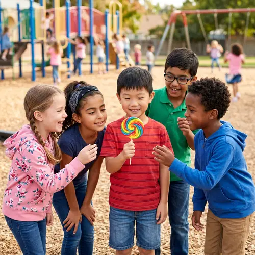 Diverse Children Around East Asian Boy with Lollipop