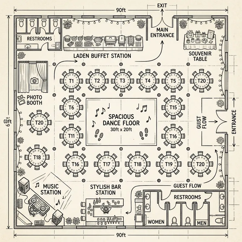 Event Floor Plan with Dance Floor, Buffet, Bar & More