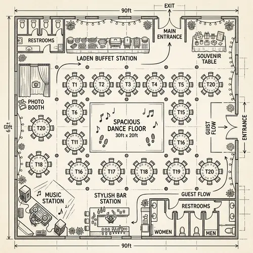 Event Floor Plan with 20 Tables, Dance Floor, Buffet, Bar & More
