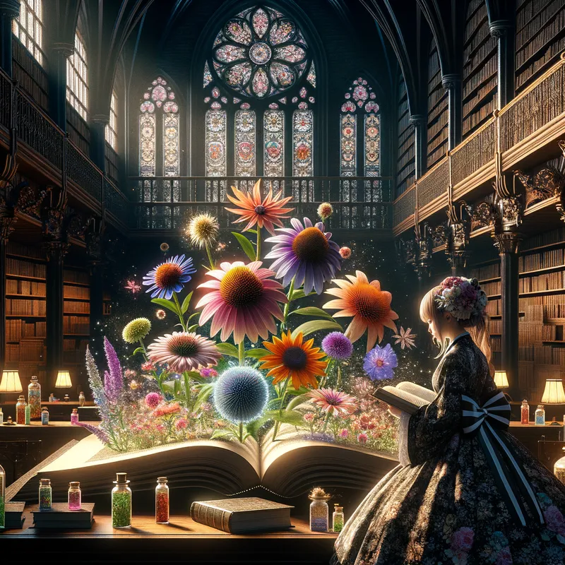 Enchanting Botanical Beauty in a Gothic Library | 8K Resolution