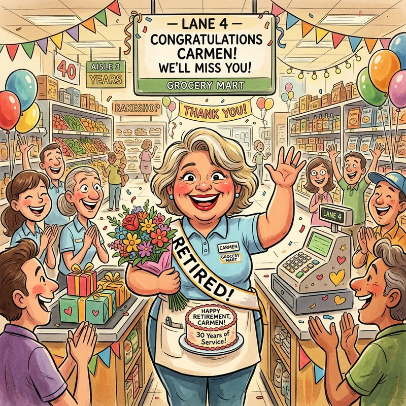 Whimsical Pixar Style: Hispanic Woman Retiring from Carrefour