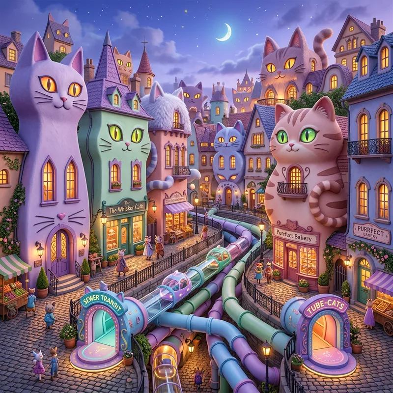 Whimsical Cat-Inspired Cityscape Art