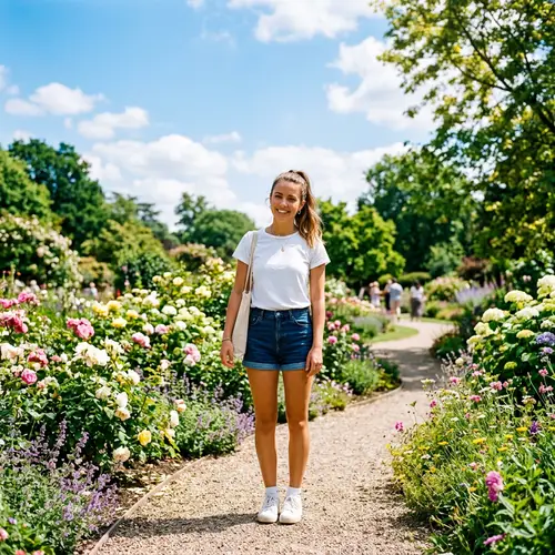 Young Woman Standing in Park with Blooming Flowers | Website Name