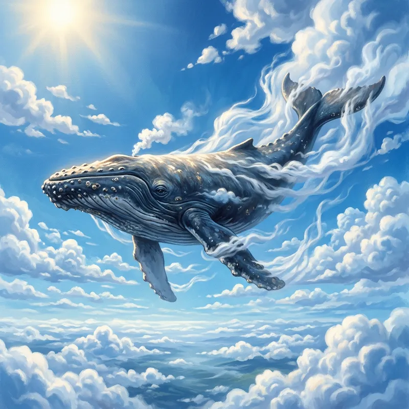 Whale Soaring Through White Clouds in Blue Sky