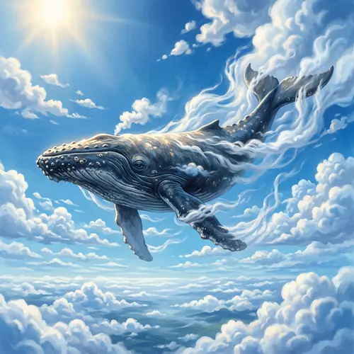 Magnificent Whale Swimming Amongst White Clouds in Blue Sky