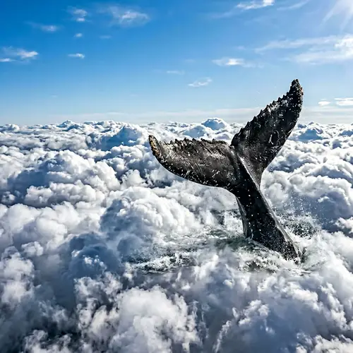 Whale Tail Soaring Through Fluffy Clouds