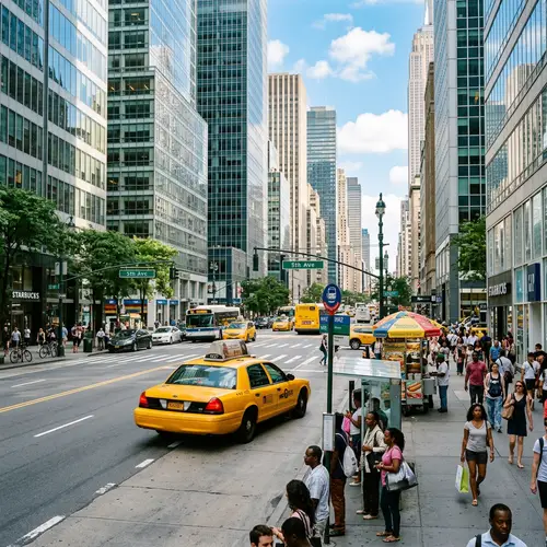 Vibrant Yellow Taxi Cab in Bustling City | Modern Skyscrapers