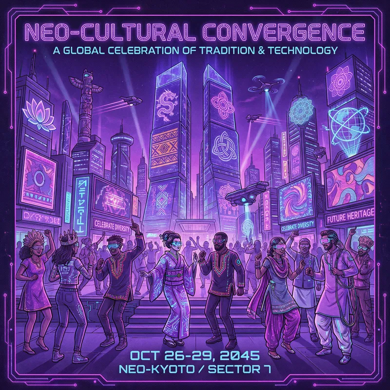 Futuristic Cultural Extravaganza Poster in Purple Cyberpunk Theme