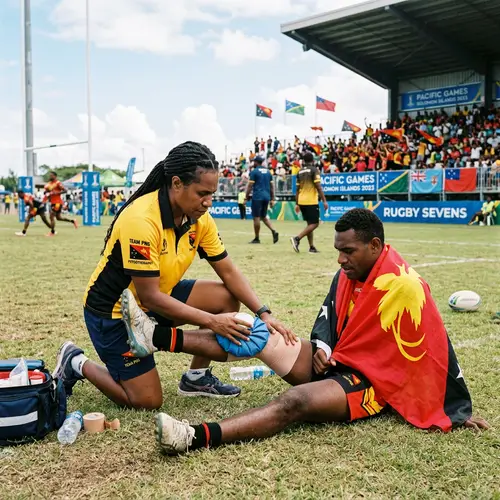 Pacific Games Rugby Field: Physiotherapist Assisting Athlete