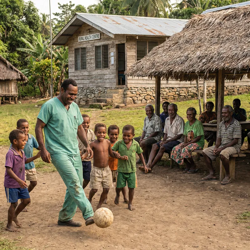 Melanesian Doctor Playing with Village Children in Rural Papua New Guinea