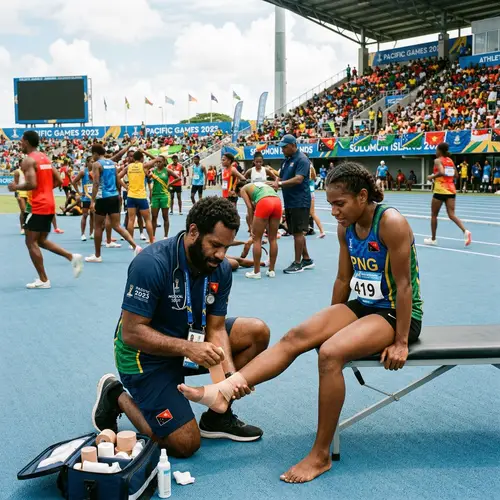 Sports Medicine Doctor Caring for Melanin-Rich Track Athlete at Pacific Games