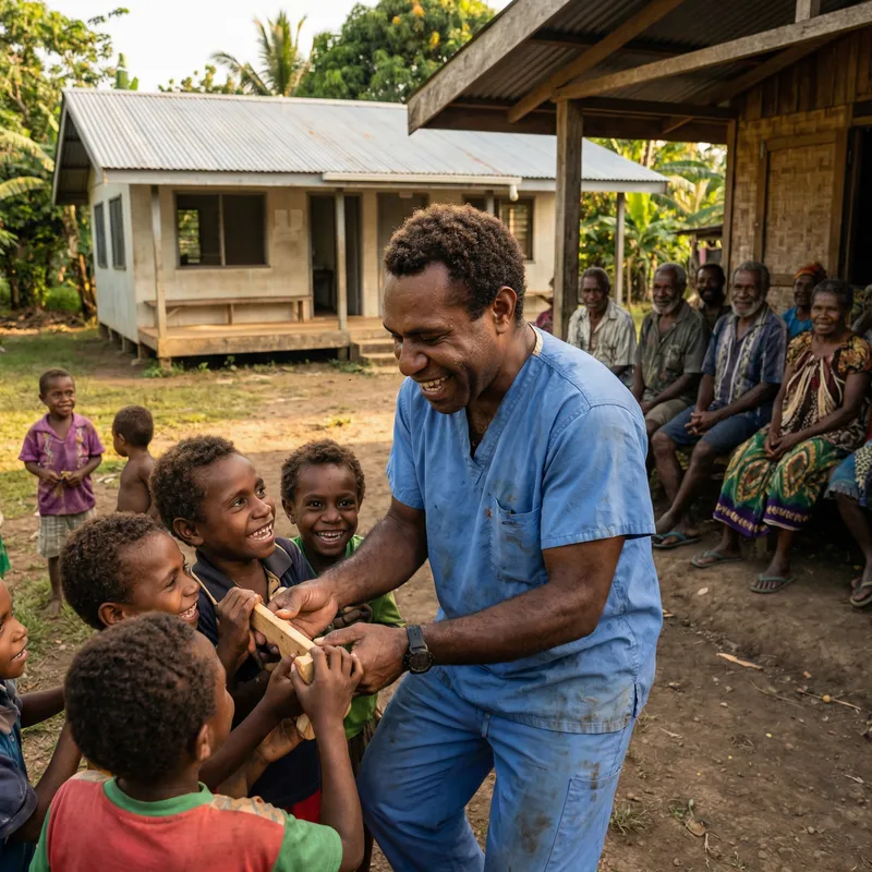 Melanesian Doctor Playing with Village Kids in Rural Hospital Melanesian Doctor Playing with Village Kids in Rural Hospital