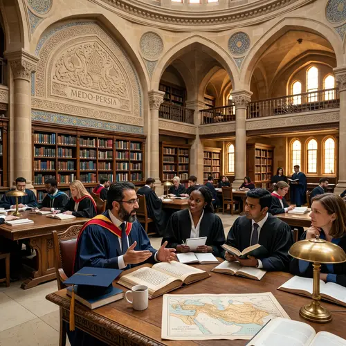 Modern-day Scholar Amid Diverse Contemporaries in Grand Library