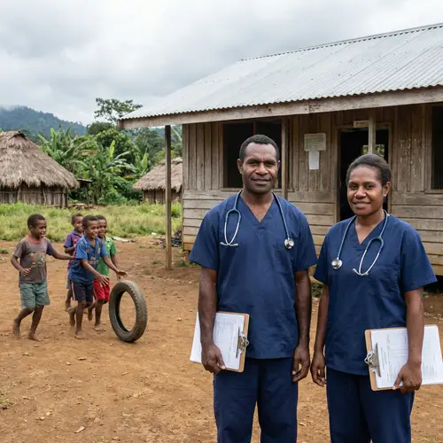 Melanesian Doctor and Nurse in Papua New Guinea Village