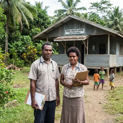 Melanesian Male Doctor & Female Nurse in Papua New Guinea Village Hospital