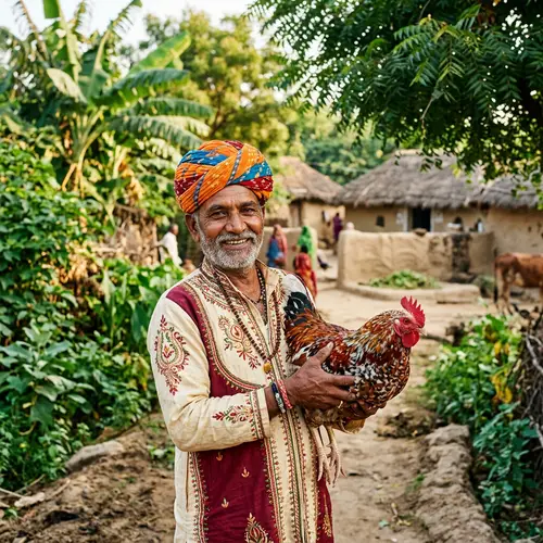 Indian Man Holding Hen in Colorful Turban and Kurta