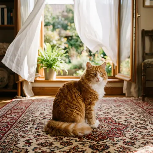 Vibrant Orange and White Fluffy Cat on Oriental Rug