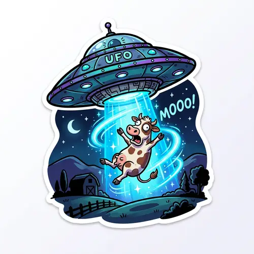 Funny Cartoon: UFO Abducts Cow Under Starry Sky