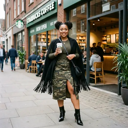 Stylish Curvy Blasian Woman in Black Tassel Cape Coat at Starbucks