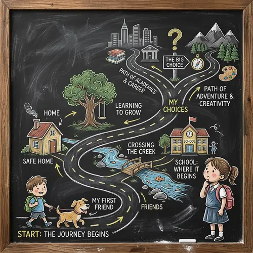 Interactive Roadmap with Dog, House, Tree, Child, Stream, School