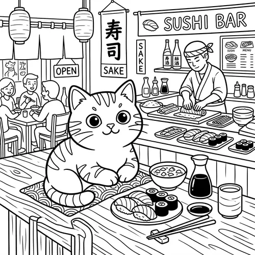 Cute Tabby Cat Sushi Coloring Page