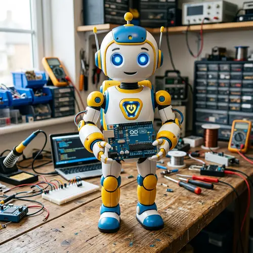 Child-Like Robot Holding Arduino Board in White, Yellow, Blue Colors