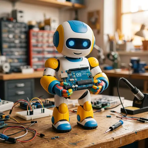 Child-like Robot Holding Arduino Board in White, Yellow, and Blue