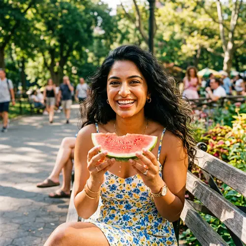 Stunning South Asian Woman in Summery Attire Enjoying Watermelon Slice
