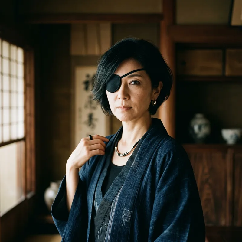 Seductive Japanese Woman with Bob Haircut and Eyepatch