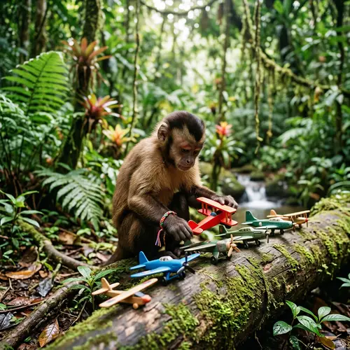 Autistic Monkey Playing in Jungle with Planes