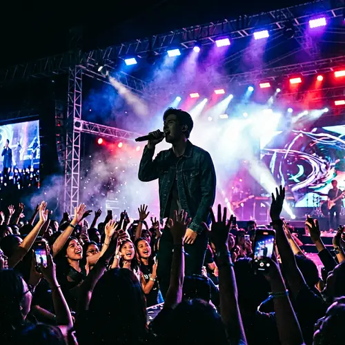 Passionate Young Asian Man Singing at Concert