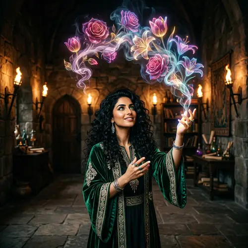 Enchanting Middle-Eastern Witch Casting Magical Spell with Smoke Flowers