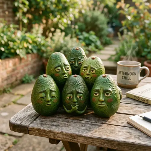 Fun Avocado Faces: Creative Image of Six Thoughtful Avocados