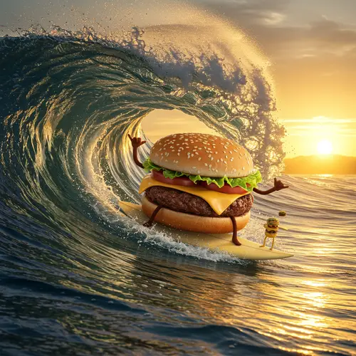 Surfing Hamburger with Shaka Hand