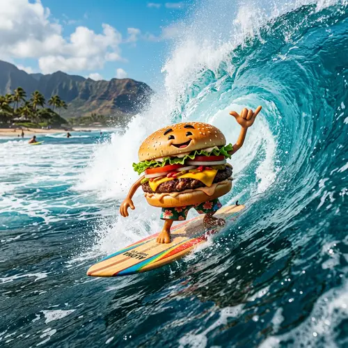 Surfing Hamburger with Shaka Hand