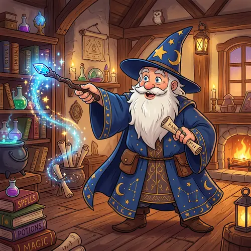 Friendly Cartoon Wizard With Wand