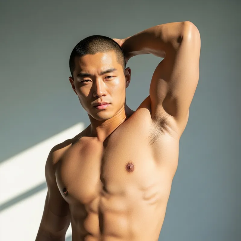 Muscular Korean Man with Buzz Cut and Tanned Skin
