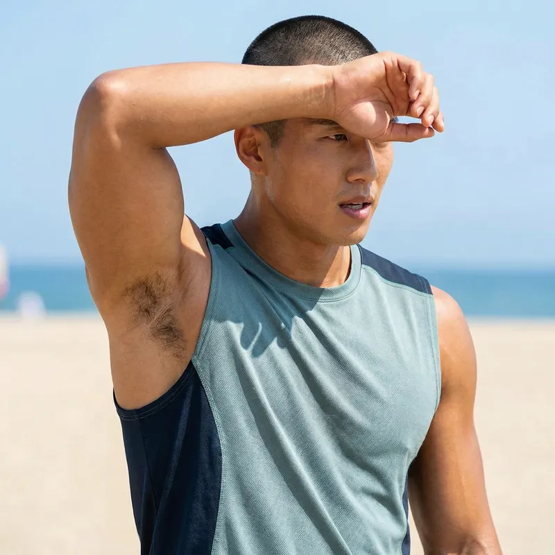 Muscular Korean Man with Buzz Cut and Tanned Skin