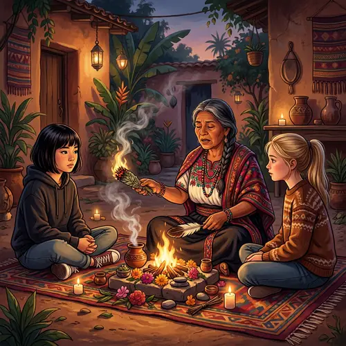 Latin American Woman Conducting Traditional Ritual with Two Teenagers Watching