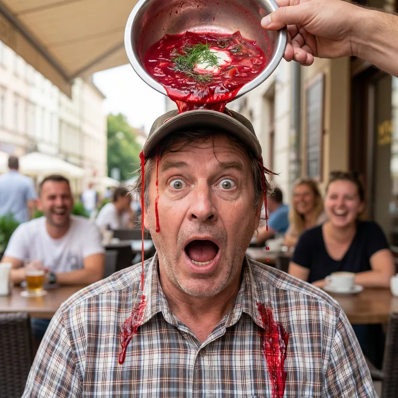 Funny Borscht Mishap: Caucasian Man Surprised with Soup on Head Funny Borscht Mishap: Caucasian Man Surprised with Soup on Head
