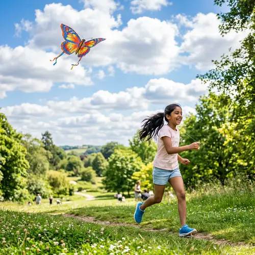 Joyful South Asian Girl Playing with Butterfly Kite in Sunlit Park