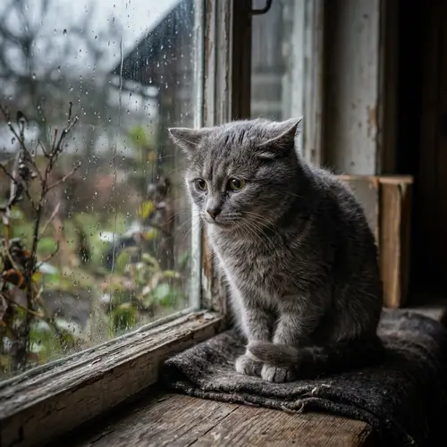 Sorrowful Ashen Grey Cat Sitting Alone