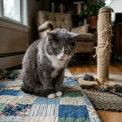 Melancholic Gray Feline with Droopy Ears | Cozy Indoor Scene