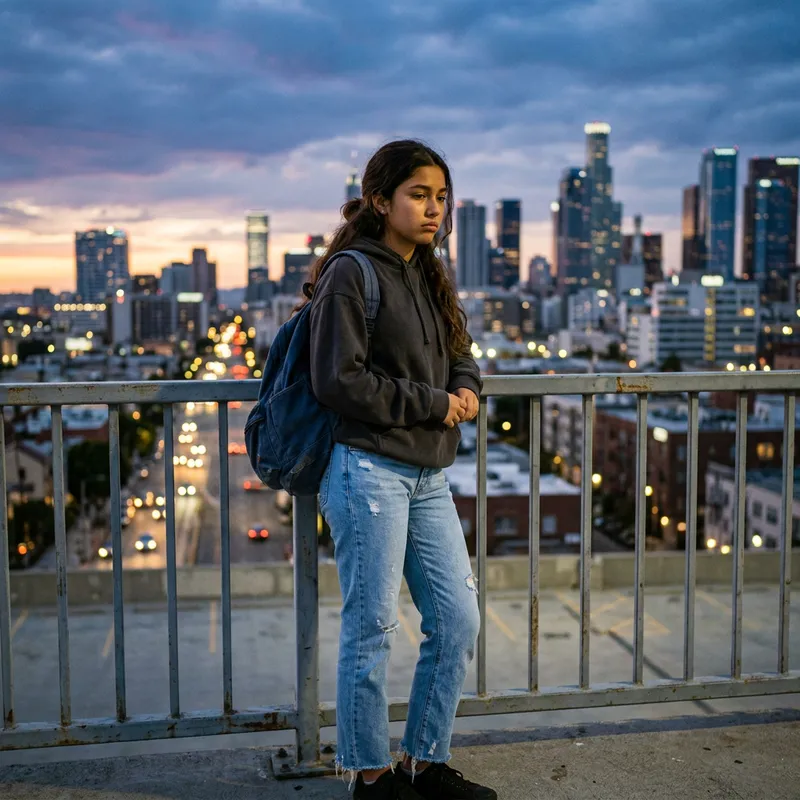 Sad girl standing in cityscape at dusk in torn light blue jeans