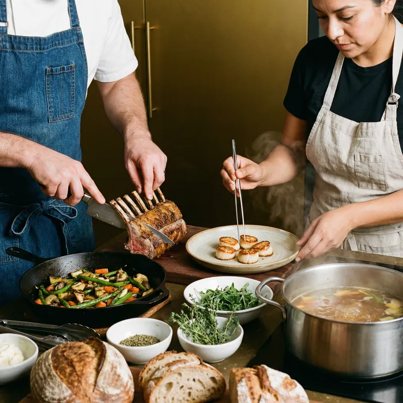 Food Preparation with Expert Touch on Dark Gold Background