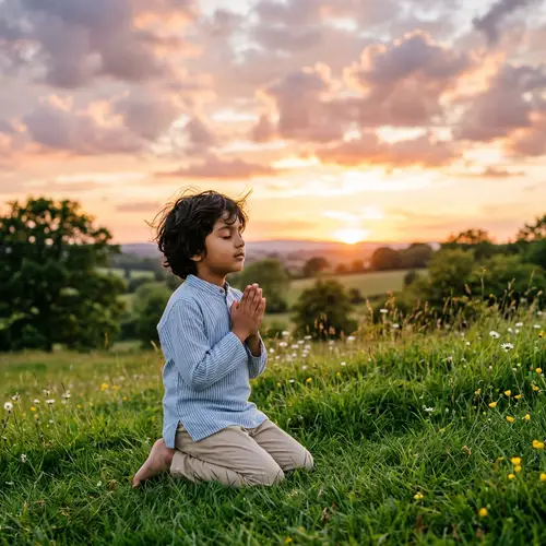 Peaceful South Asian Boy Praying on Green Grass Under Sunset Sky