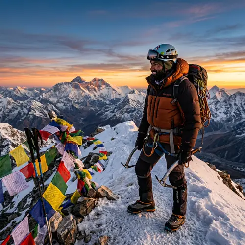South Asian Male Mountaineer in Himalayas at Sunset | Adventure Gear