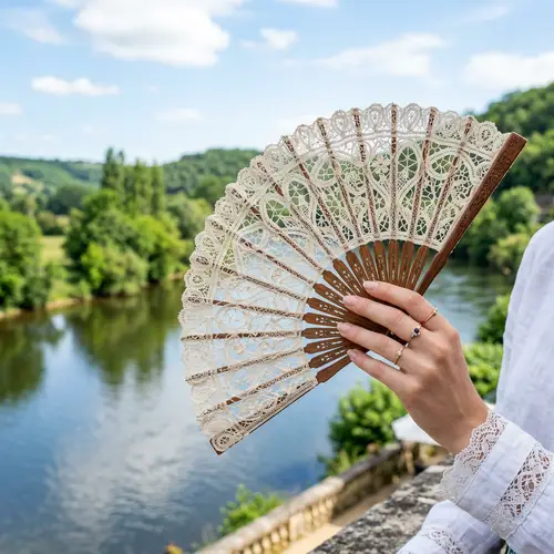 Elegant Lace Fan Held by a Woman by the River | Exquisite Jewelry