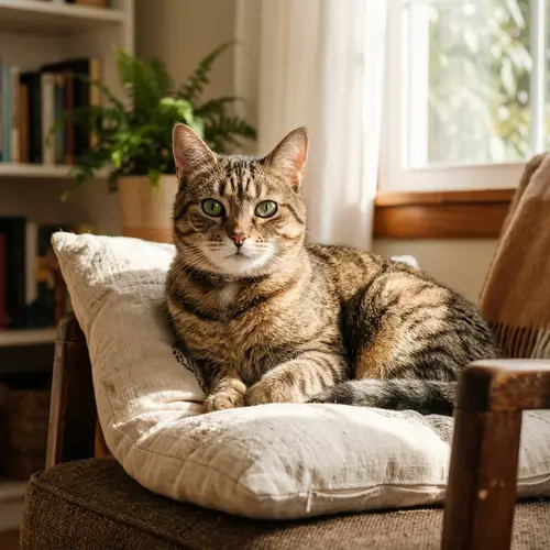 Relaxed Domestic Cat on Comfortable Pillow