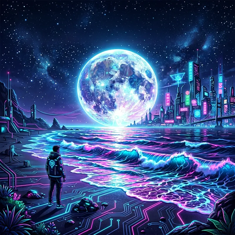 Futuristic Cyberpunk Beach Scene